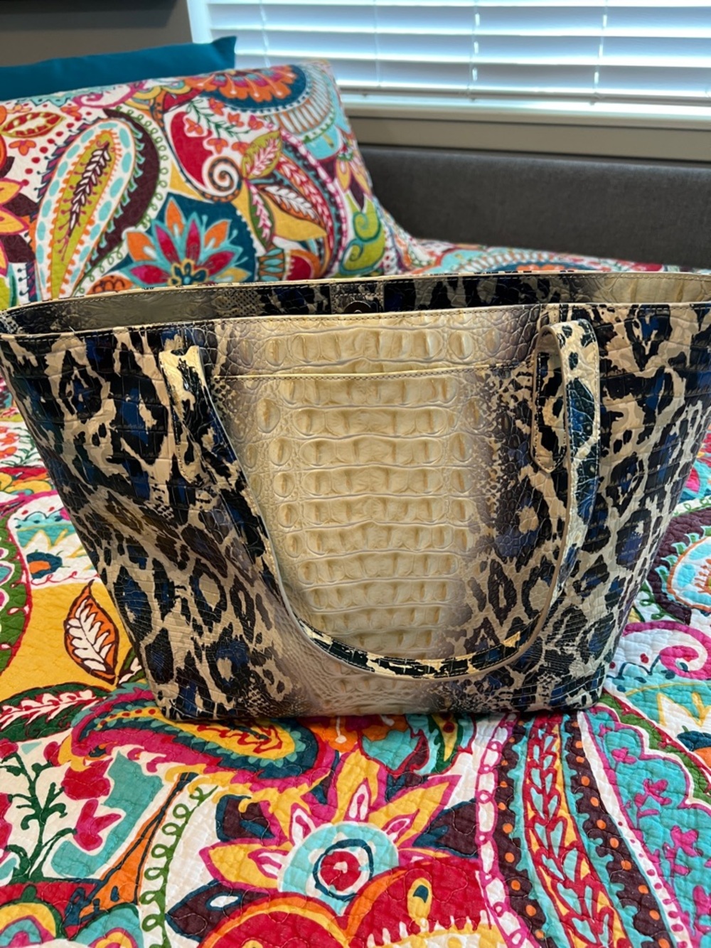 Brahmin Leopard & Cream Croc-Panel Tote with wrist bag